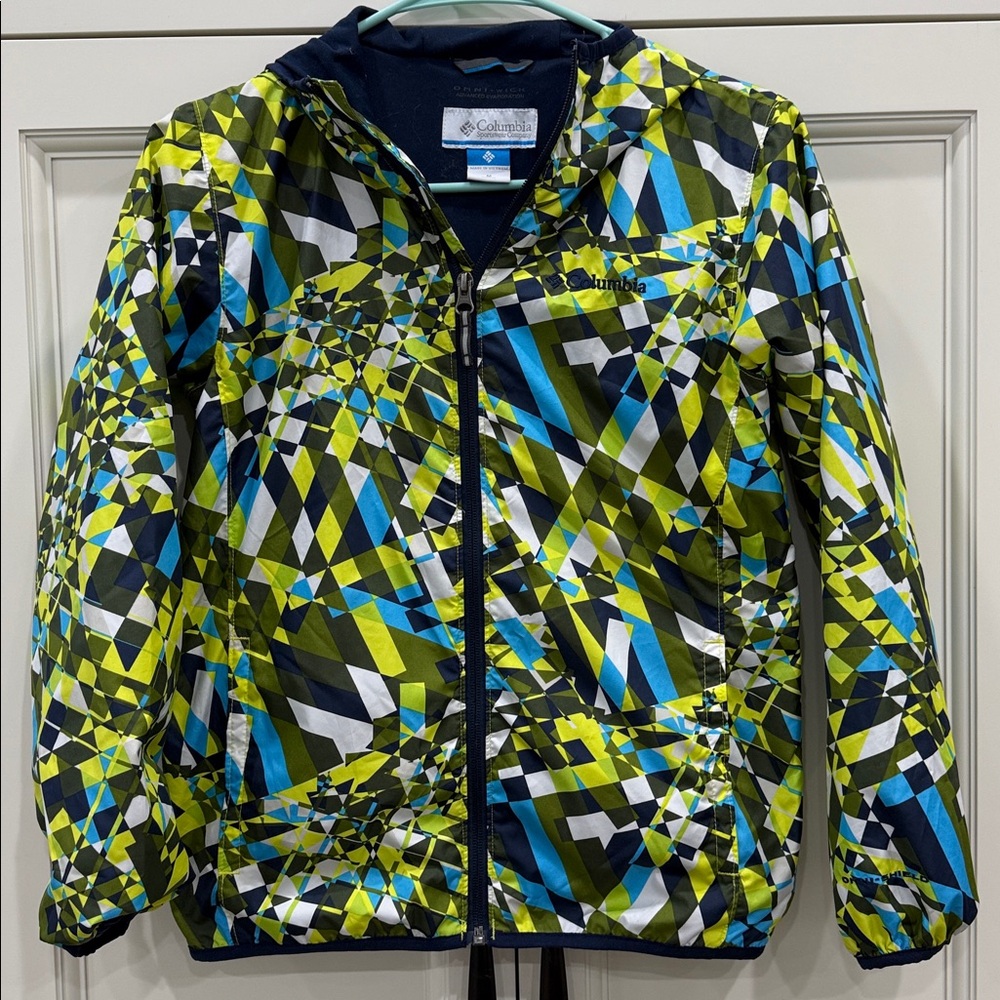 Columbia Windbreaker geometric pattern in blue, green & white Kids size Medium